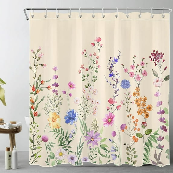 Farmhouse Floral Shower Curtain for Bathroom,Nature Colorful Wildflower and Green Botanical on Beige Fabric Shower Curtain with Hooks,Spring Country Theme Bathroom Curtains Shower Set, 72x84 inches