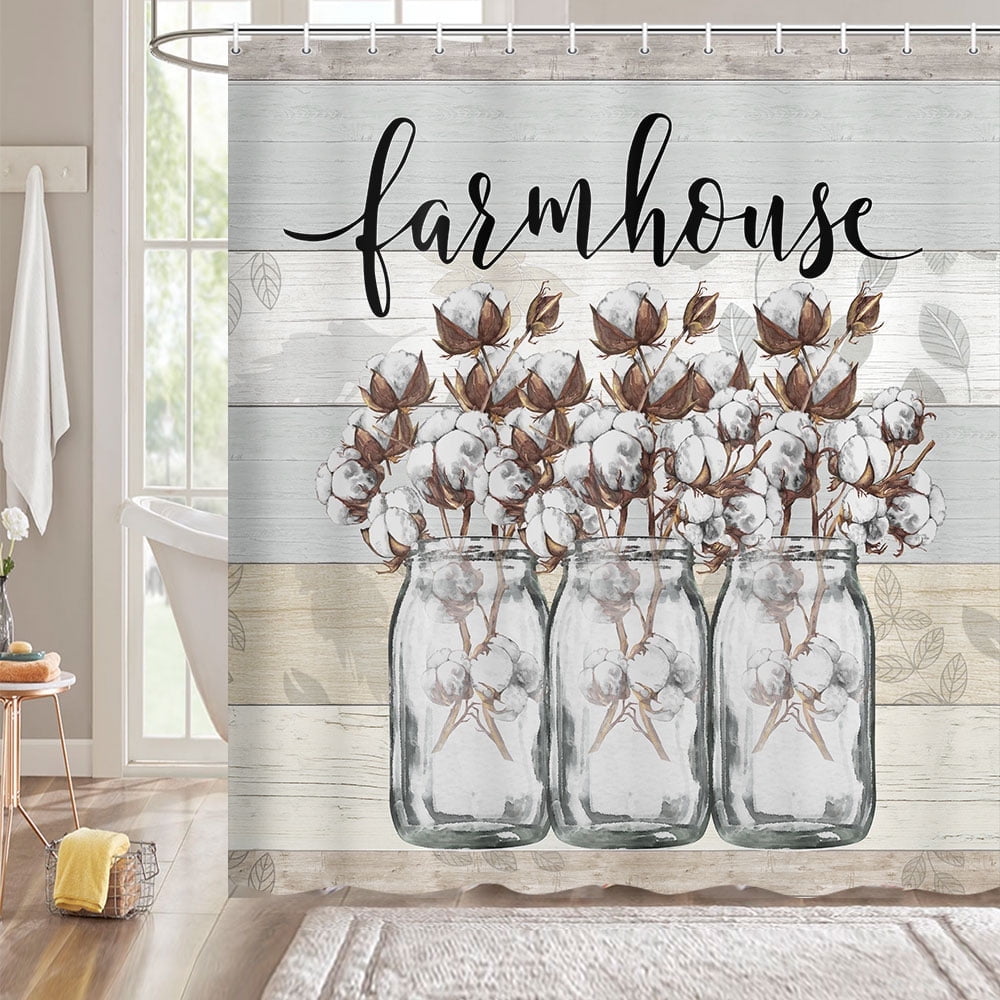 Farmhouse Floral Shower Curtain, Cotton Flower in Gray Mason Jar Rustic