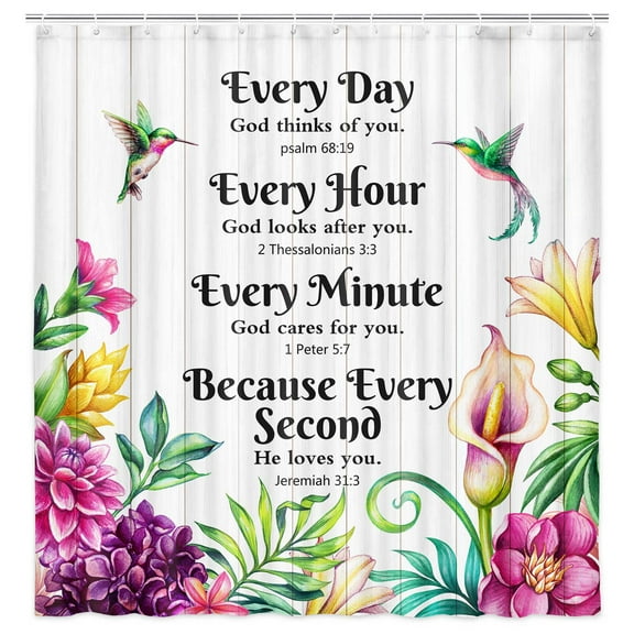 Farmhouse Floral Shower Curtain, Inspirational Bible Verse Motivational Quotes Scriptures on Country Barn Door Bathroom Accessories with Hooks, Waterproof Hummingbird Shower Curtain, 72X72in