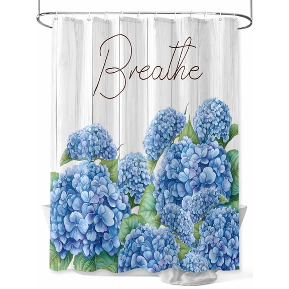 Farmhouse Floral Shower Curtain, Inspirational Quote Breathe Hydrangeas Bathroom Decor Curtains Set with Hooks, Blue Waterproof Fabric Home Accessories, Stall 36 X 78 Inch