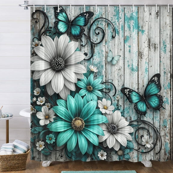 Farmhouse Floral Shower Curtain, Rustic Teal Relief Daisies Flower Turquoise Butterfly Shower Curtains for Bathroom Country Wooden Plant Fabric Shower Curtain Set with Hooks, 36x72 Inches