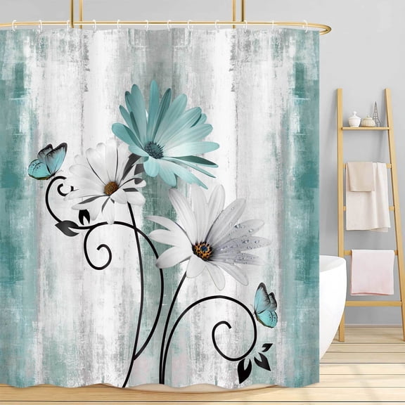 Farmhouse Floral Shower Curtain, Teal Rustic Daisy and Butterfly Bathroom Curtain, Country Cottage Style Shower Curtains Set for Bathroom Decoration with Hooks, 72x72in