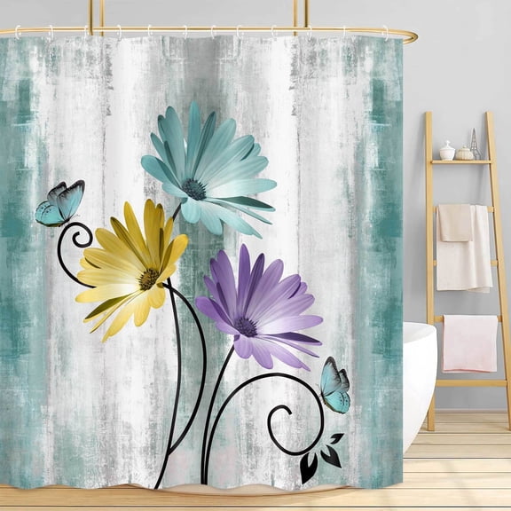 Farmhouse Floral Shower Curtain, Teal Yellow Purple Rustic Daisy and Butterfly Bathroom Curtain, Country Cottage Style Shower Curtains Set for Bathroom Decoration with Hooks, 72x72in