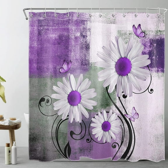 Farmhouse Floral Shower Curtain Turquoise Teal Daisy Flowers Butterfly Shower Curtain Modern Abstract Geometric Grey and White Shower Curtain Bathroom Fabric Durable 12 Hooks 72X72Inches