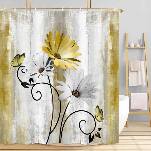 Farmhouse Floral Shower Curtain, Yellow Rustic Daisy and Butterfly Bathroom Curtain, Country Cottage Style Shower Curtains Set for Bathroom Decoration with Hooks, 72x72in