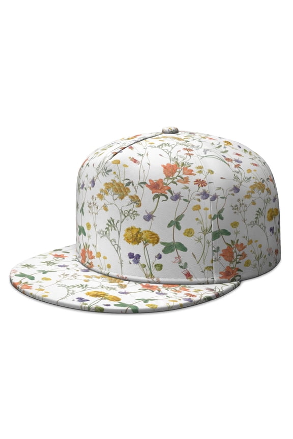 Farmhouse Floral Snapback Hat, Flat Brim Adjustable Cap, Vintage Botanical Illustration, Breathable Flat Brim Panel