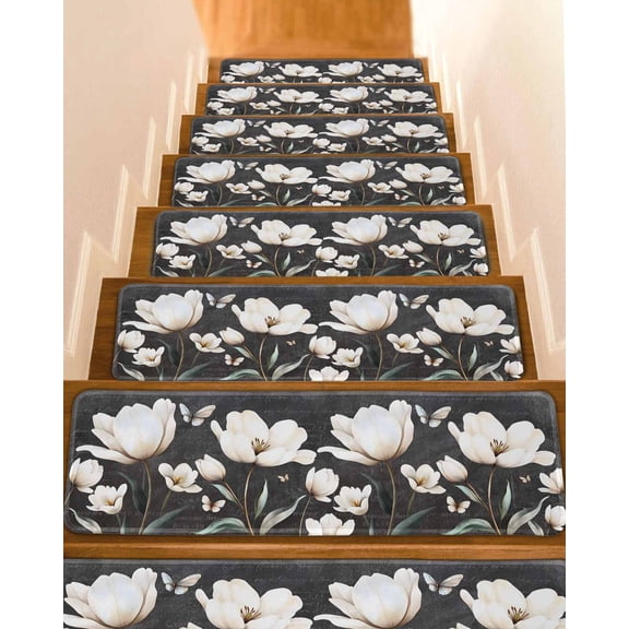 Farmhouse Floral Stair Treads for Wooden Steps Indoor Runner Rug Carpet, Magnolia Flowers Vintage Blackboard 15 Pieces Peel and Stick Staircase Step Treads Covers Washable Throw Door Mats, 30"x8"