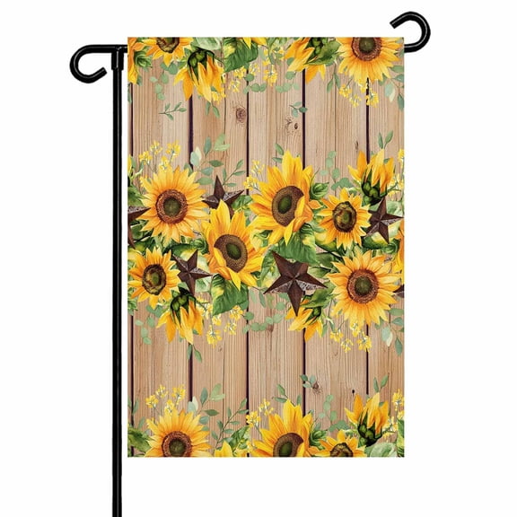 Farmhouse Floral Sunflower Garden Flags for Outside Rustic Barn Star Double Sided Yard Flags Outdoor House Decoration, Small 12X18 Inch, Brown Wood