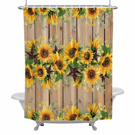 Farmhouse Floral Sunflower Shower Curtain Set with Hooks, Rustic Barn Star Waterproof Fabric Bathroom Curtains Decor Home Accessories, Stall Long 54 X 78 Inch