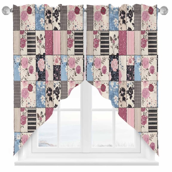 Farmhouse Floral Swag Curtain Valance for Windows, Vintage Pink Flower Splicing Window Treatments Short Swag Topper for Kitchen Windows Bathroom Bedroom, 28"x36"
