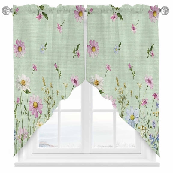 Farmhouse Floral Swag Kitchen Curtain Valances, Wildflowers Herb Plant Retro Green Texture Rod Pocket Curtains Window Treatment Decor Valances for Bedroom Bathroom, 2 Panels 28 x 36 Inch