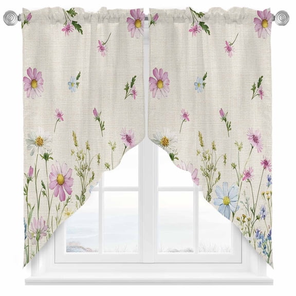 Farmhouse Floral Swag Kitchen Curtain Valances, Wildflowers Herb Plant Retro Linen Texture Rod Pocket Curtains Window Treatment Decor Valances for Bedroom Bathroom, 2 Panels 28 x 36 Inch