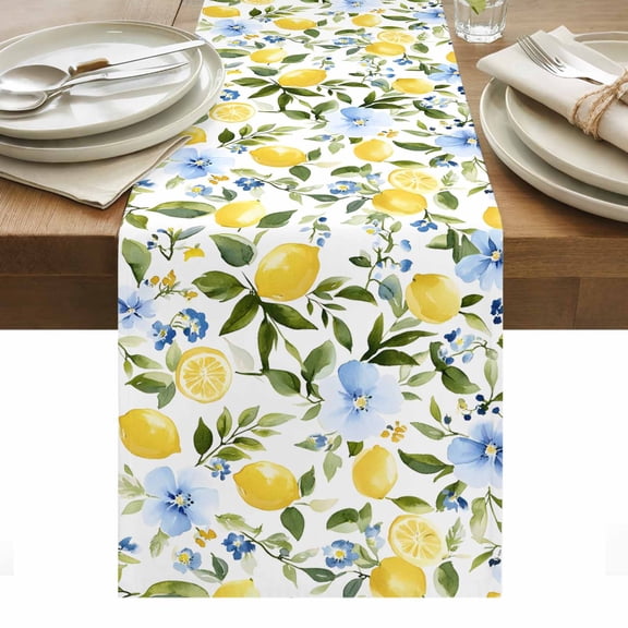 Farmhouse Floral Table Runner 13 x 108 Inch, Lemon Eucalyptus Leaf Watercolor Plant Washable Cotton Linen Dining Table Runner Tabletop Decorations for Restaurant Home Kitchen Party
