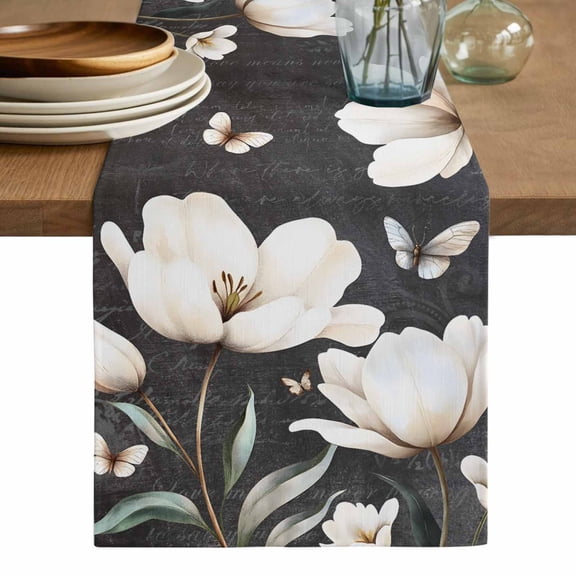Farmhouse Floral Table Runner, Magnolia Flowers Vintage Blackboard Washable Cotton Linen Table Runners 36 Inches Long, Dresser Scarf Runner for Nightstand/End Tables/Round Tables 13''x36''