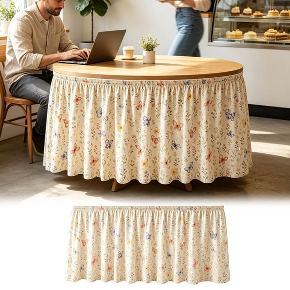 Farmhouse Floral Table Skirt - Pleated Polyester Decorative Cover for Home Dining Party 70.87x29.53 Inch D