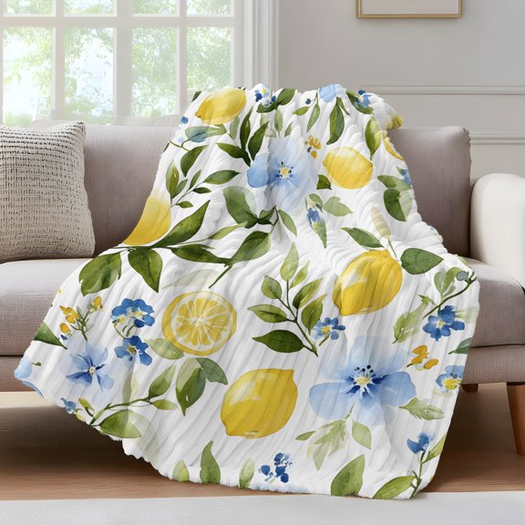 Farmhouse Floral Throw Blanket for Couch Lemon Eucalyptus Leaf Watercolor Plant Soft and Warm Flannel 3D Striped Fluffy Fuzzy Fleece Blanket Lightweight Throw for Bed, Sofa 30 x 40 Inches
