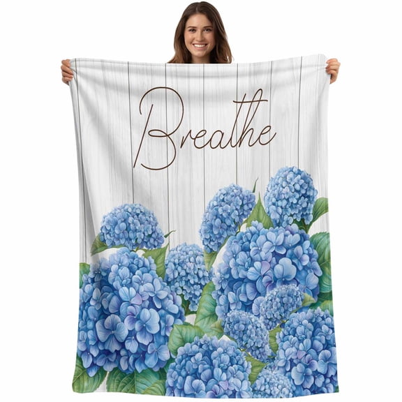 Farmhouse Floral Throw Blankets, Inspirational Quote Breathe Hydrangeas Soft Fleece Blanket Decorative for Home Sofa Couch Chair Living Bedroom, 30x40 Inches, Blue