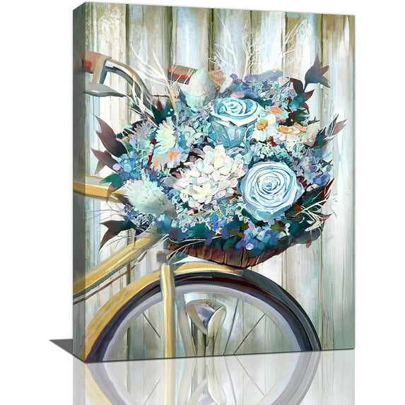 Farmhouse Floral Wall Art Blue Flower Bicycle Pictures Farmhouse Bathroom Wall Decor Rustic Country Floral Canvas Painting Framed Artwork for Bathroom Bedroom Living Room 12"x16"