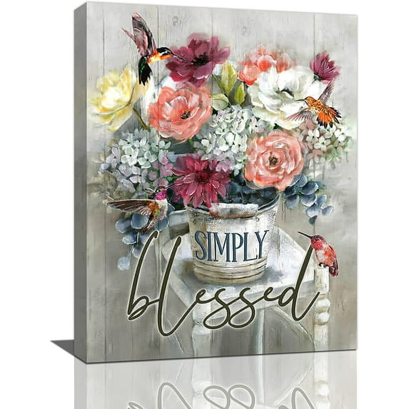 Farmhouse Floral Wall Art Country Flower Hummingbird Pictures Wall Decor Rustic Simply Blessed Canvas Paintings Modern Artwork Home Decorations for Bathroom Bedroom Living Room Office Framed 12"x16"