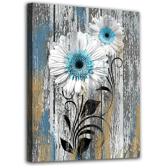 Farmhouse Floral Wall Art Flowers Canvas Pictures White Daisy Wall Decor Retro Grey Wooden Board Painting Country Artwork for Living Room Kitchen Bedroom Home Decor Framed Ready to Hang 12" x 16"