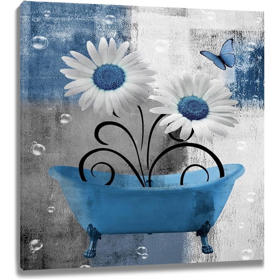 Farmhouse Floral Wall Art for Living Room, Blue Flower and Butterfly in Bathtub Canvas Wall Art Modern Grey and White Geometric Framed Wall Art for Bathroom Bedroom Wall Decor,12L X 12W Inches