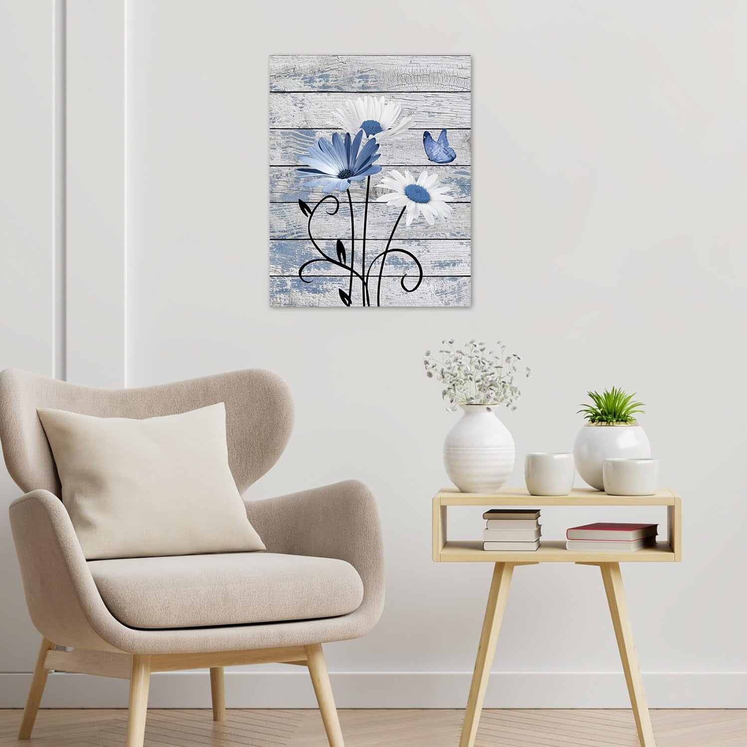 Farmhouse Floral Wall Art for Living Room, Blue and White Daisy Flower ...