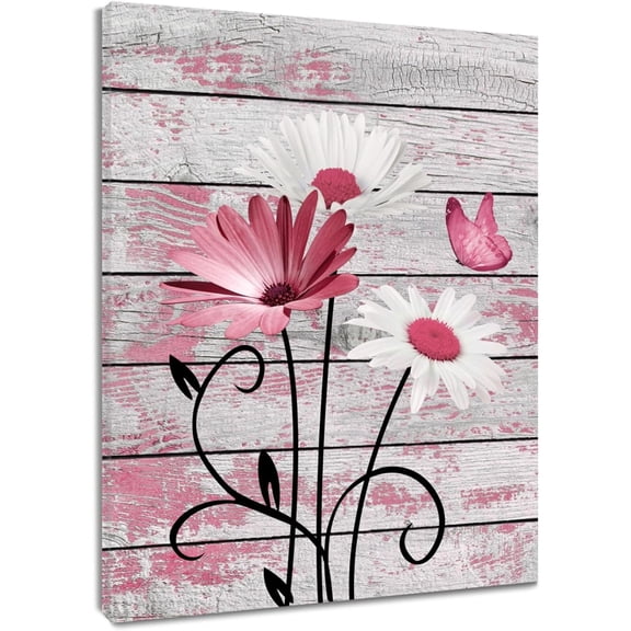 Farmhouse Floral Wall Art for Living Room, Blue and White Daisy Flower and Butterfly on Rustic Wood Board Canvas Wall Art Framed Artwork Ready to Hang for Bathroom Bedroom Decor