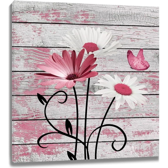 Farmhouse Floral Wall Art for Living Room, Blue and White Daisy Flower and Butterfly on Rustic Wood Board Canvas Wall Art Framed Artwork Ready to Hang for Bathroom Bedroom Decor, 16L X 12W