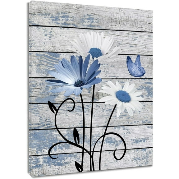 Farmhouse Floral Wall Art for Living Room, Blue and White Daisy Flower and Butterfly on Rustic Wood Board Canvas Wall Art Framed Artwork Ready to Hang for Bathroom Bedroom Decor