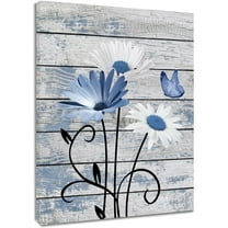 Farmhouse Floral Wall Art for Living Room, Blue and White Daisy Flower and Butterfly on Rustic Wood Board Canvas Wall Art Framed Artwork Ready to Hang for Bathroom Bedroom Decor