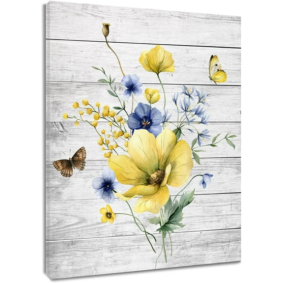 Farmhouse Floral Wall Art for Living Room, Blue and Yellow Flower and Butterfly Canvas Wall Art, Retro Wood Boards Framed Wall Art for Bedroom Bathroom Wall Decor, 12X16 inch Ready to Hang