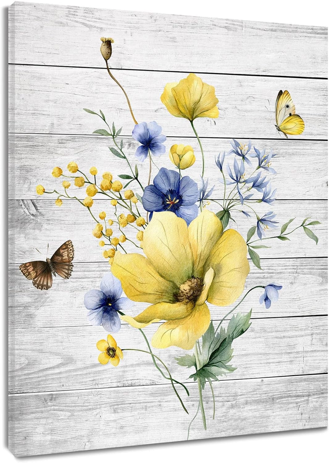 Farmhouse Floral Wall Art for Living Room, Blue and Yellow Flower and ...