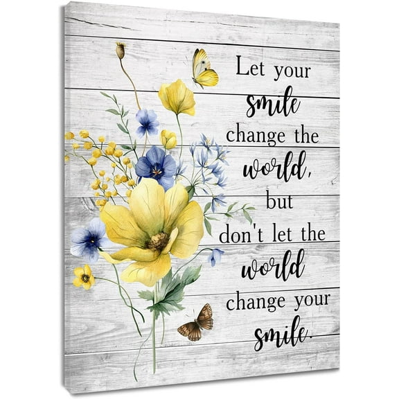 Farmhouse Floral Wall Art for Living Room, Blue and Yellow Flower Inspirational Quote Canvas Wall Art, Butterfly on Retro Wood Boards Framed Wall Art for Bedroom Bathroom Wall Decor, 12X16 inch