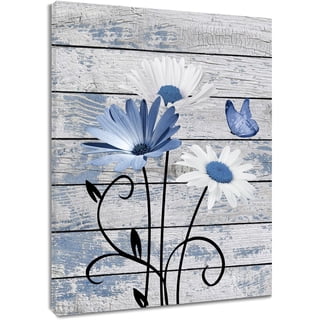 Farmhouse Floral Wall Art for Living Room, Purple and White Daisy Flower and Butterfly on Rustic Wood Board Canvas Wall Art Framed Artwork Ready to Hang for Bathroom Bedroom Decor, 16L X 12W