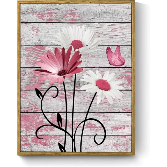 Farmhouse Floral Wall Art for Living Room, Purple and White Daisy Flower and Butterfly on Rustic Wood Board Canvas Wall Art Framed Artwork Ready to Hang for Bathroom Bedroom Decor, 16L X 12W