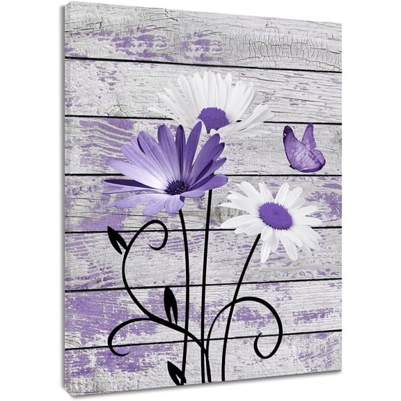 Farmhouse Floral Wall Art for Living Room, Purple and White Daisy Flower and Butterfly on Rustic Wood Board Canvas Wall Art Framed Artwork Ready to Hang for Bathroom Bedroom Decor, 16L X 12W