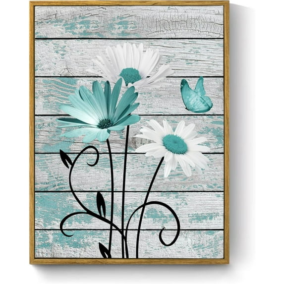 Farmhouse Floral Wall Art for Living Room, Purple and White Daisy Flower and Butterfly on Rustic Wood Board Canvas Wall Art Framed Artwork Ready to Hang for Bathroom Bedroom Decor, 16L X 12W