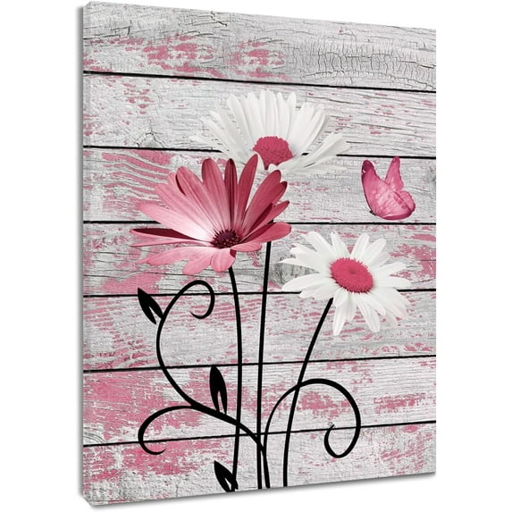 Farmhouse Floral Wall Art for Living Room, Purple and White Daisy Flower and Butterfly on Rustic Wood Board Canvas Wall Art Framed Artwork Ready to Hang for Bathroom Bedroom Decor, 16L X 12W