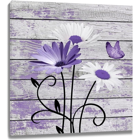 Farmhouse Floral Wall Art for Living Room, Purple and White Daisy Flower and Butterfly on Rustic Wood Board Canvas Wall Art Framed Artwork Ready to Hang for Bathroom Bedroom Decor, 16L X 12W