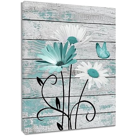 Farmhouse Floral Wall Art for Living Room, Teal and White Daisy Flower and Butterfly on Rustic Wood Board Canvas Wall Art Framed Artwork Ready to Hang for Bathroom Bedroom Decor, 16L X 12W