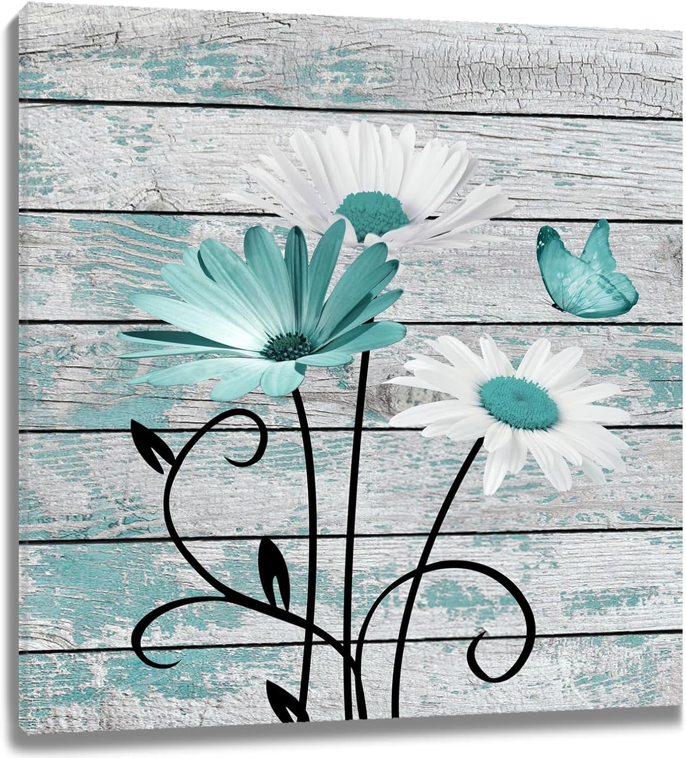 Farmhouse Floral Wall Art for Living Room, Teal and White Daisy Flower ...