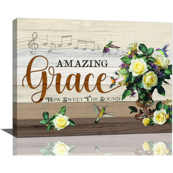 Farmhouse Floral Wall Decor Rustic Country Flowers Hummingbird Pictures Wall Art Amazing Grace Painting Canvas Print Framed Home Artwork For Bathroom Bedroom Kitchen Office 16"x12"