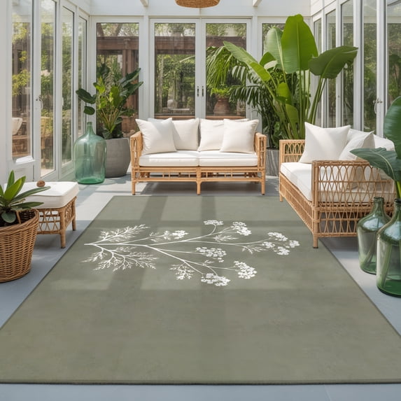 Farmhouse Floral Washable Living Room Rugs 8'x10', Vintage White Blossom Wildflower Sage Green Washable Throw Large Area Rug Non-Slip Sturdy Edge Binding Carpet for Bedroom Dining Room Office