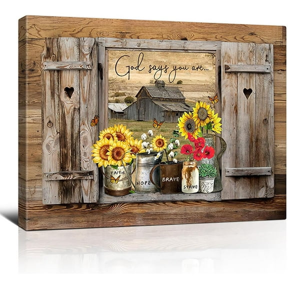 Farmhouse Floral in Window Canvas Wall Art Scripture Picture Country Rustic Painting for Kitchen Bathroom Bedroom Living Room Framed Wall Art Decor 16‘‘ x 12‘‘