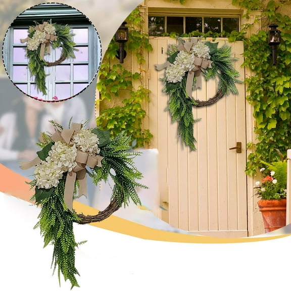 Farmhouse Floral Wreath For Wall Hydrangea Hanging Ornament Country Home Living Room Door Hanging Flower Arrangement For Halloween Thanksgiving Christmas(Green)