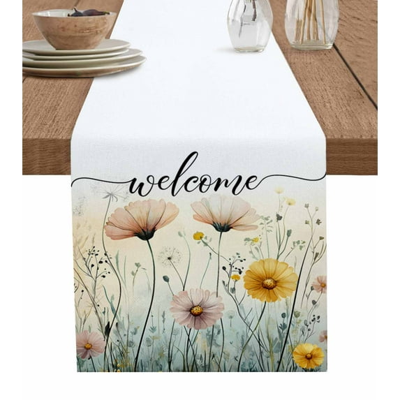 Farmhouse Florals Burlap Cotton Table Runner 13x72 Inches Long, Watercolors Spring Botanical Wildflowers Farmhouse Table Runners, Outdoor Dining Tablecloths Decor for Baby Shower/Party/Wedding