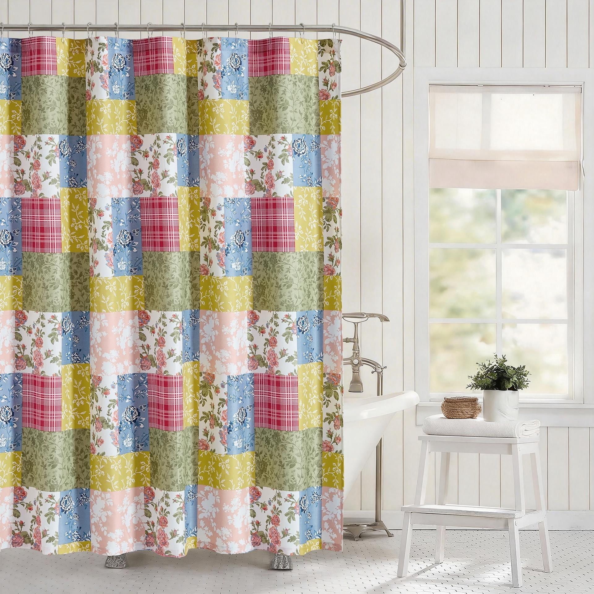 Farmhouse Florals Patchwork Printed Microfiber Shower Curtain, Multicolored, 72" x 72"