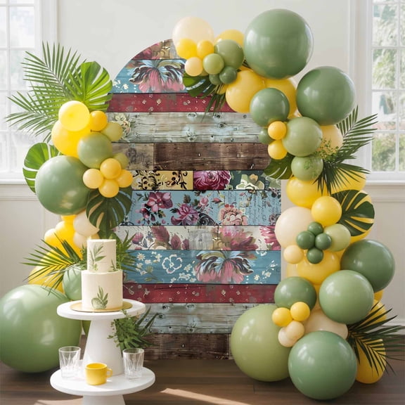 Farmhouse Flower Arch Backdrop Cover, 7.2FT, Rustic Fall Flower Floral Wooden Spandex Arch Covers Double-Sided Backdrop for Wedding Birthday Party Photo Background Decoration