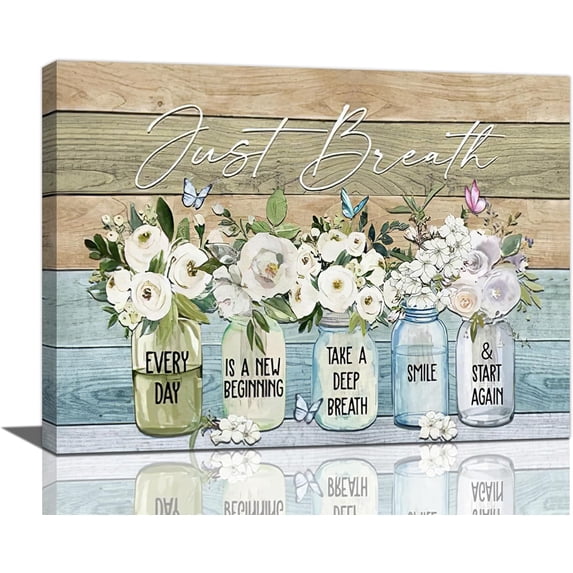 Farmhouse Flower Bathroom Decor Wall Art Bathroom Pictures Wall Decor Just Breathe Canvas Painting Prints Artwork Home Decorations Framed for Bedroom 12inx16in