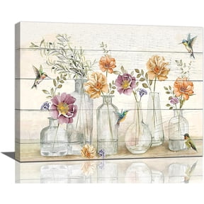 Farmhouse Flower Bathroom Decor Wall Art Hummingbird Floral Pictures Wall Decor Bottles Canvas Painting Prints Artwork Home Decorations Framed for Bedroom 12inx16in